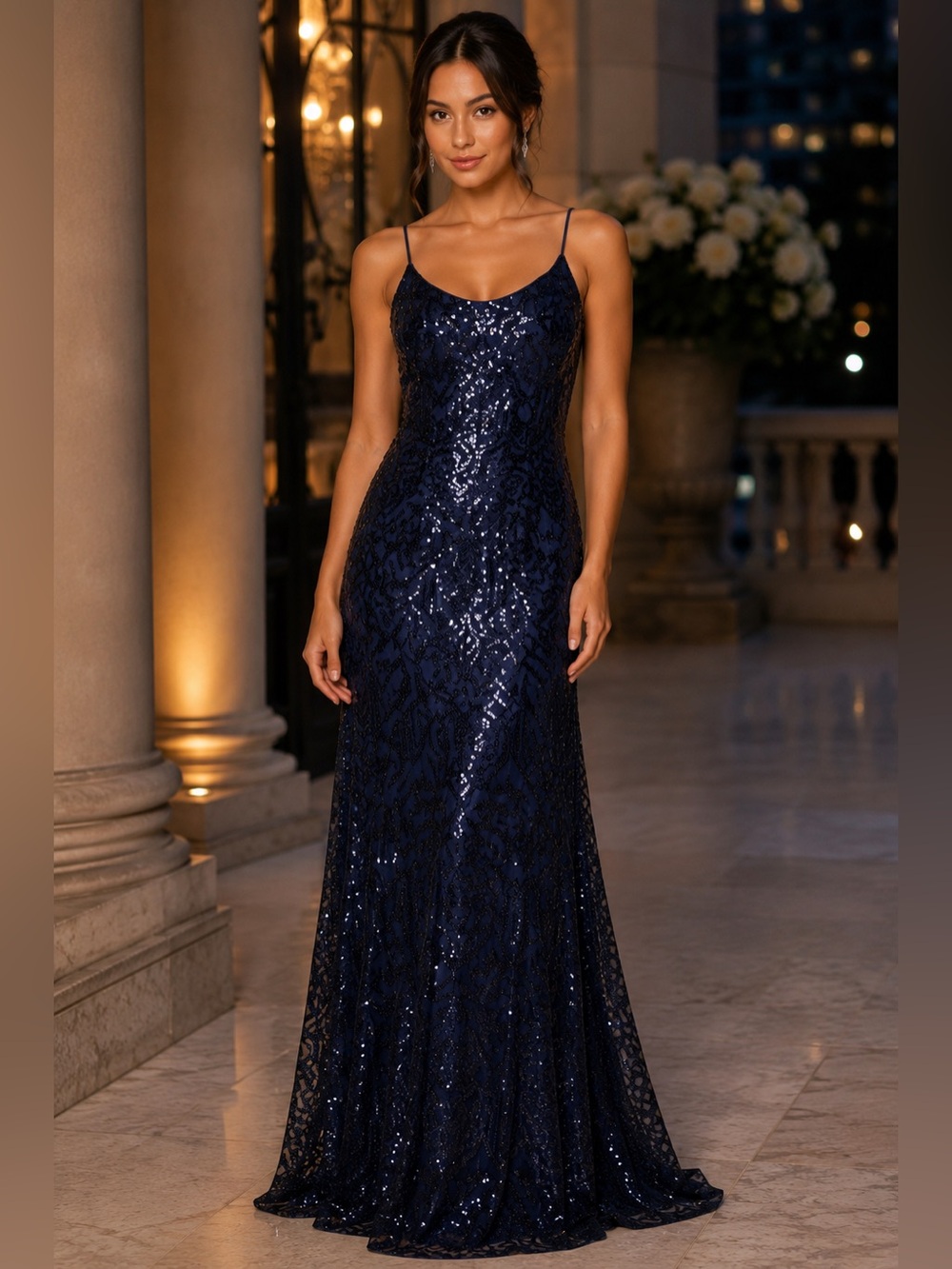 NWT Wtoo Size 8 Navy Sequin Evening Gown Open Back Formal Dress Black Tie